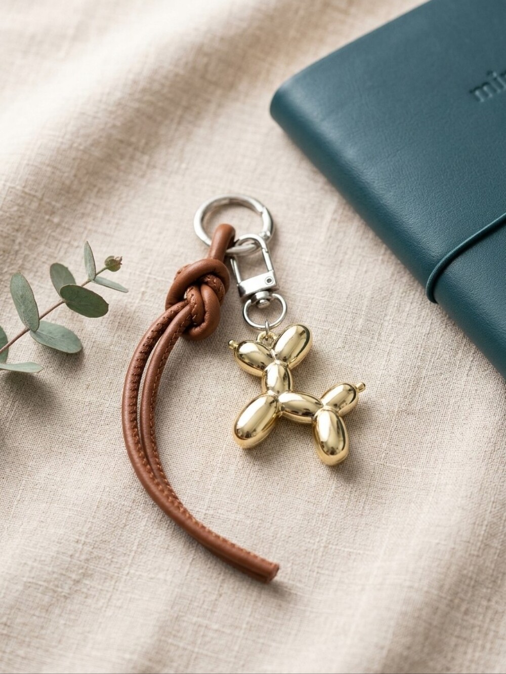Gold Balloon Dog Keychain with Brown PU Leather Strap